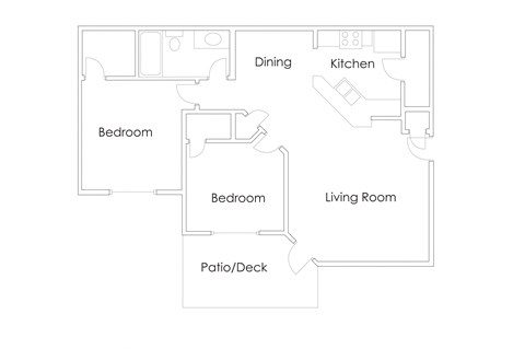 Floor plan for 2 beds, 1 bath, 1033 sqft